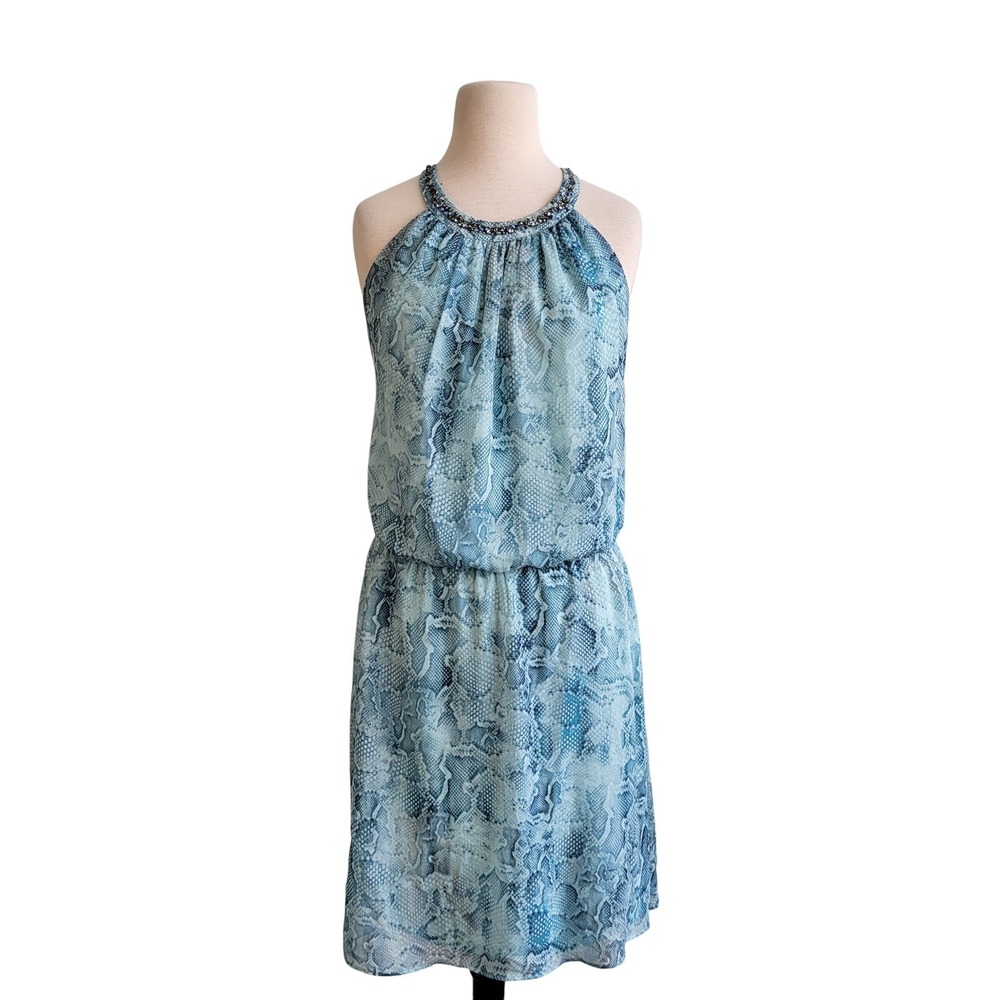White House Black Market Blue Snake Print Rhinestone Halter Blouson‎ Dress L NWT